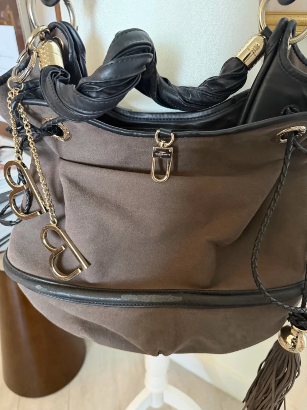 Brown Hobo Shoulder Bag with Braided Handle and Tassel